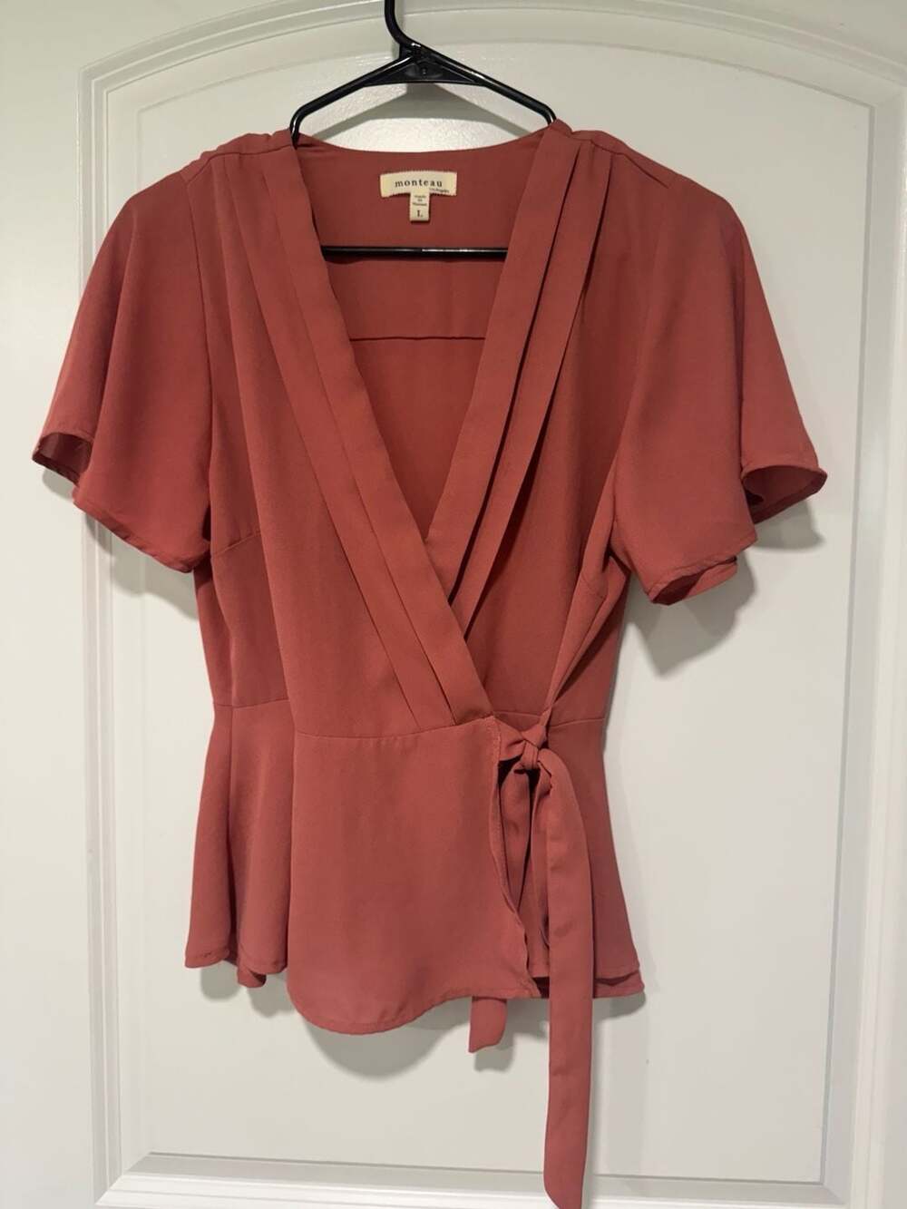 Dusty Rose Wrap Blouse Tie Waist Peplum Feminine Romantic Size Large